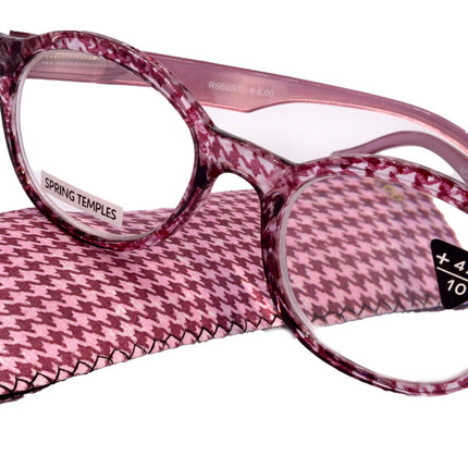 The Alchemist, (Premium) Reading Glasses, High End Readers, Magnifying Eyeglasses, (Pink Translucent) (Round) (Houndstooth) NY Fifth Avenue