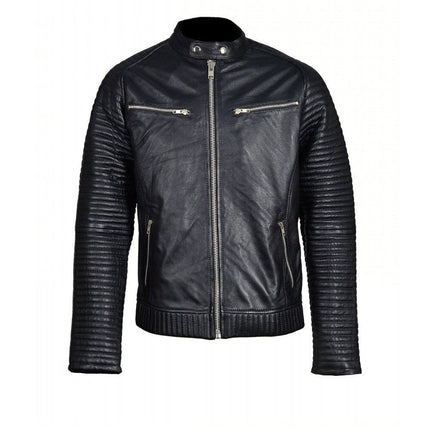 Handmade Haworths Moto Style Leather Jacket With Patterned Sleeves