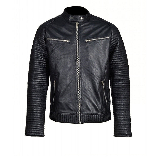 Handmade Haworths Moto Style Leather Jacket With Patterned Sleeves