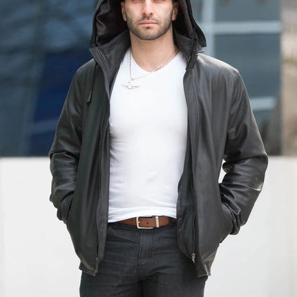 Handmade Dapper Zip Up Leather Jacket With Hoodie