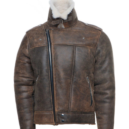 Handmade  Carter Distressed Biker Bomber Shearling Jacket With Notch Lapels