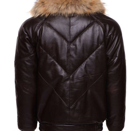 Handmade  Brown V-Bomber Style Puffer Winter Leather Jacket With Fur Collar