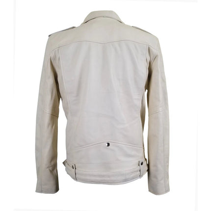 Handmade Holman's Cream Color Biker Leather Jacket With Waist Belt