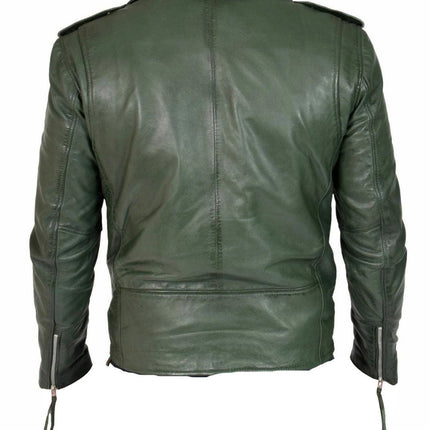 Handmade Sergeant Army Green Biker Style Leather Jacket With Belt
