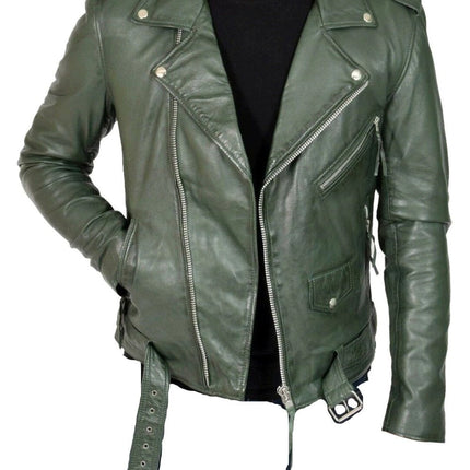 Handmade Sergeant Army Green Biker Style Leather Jacket With Belt