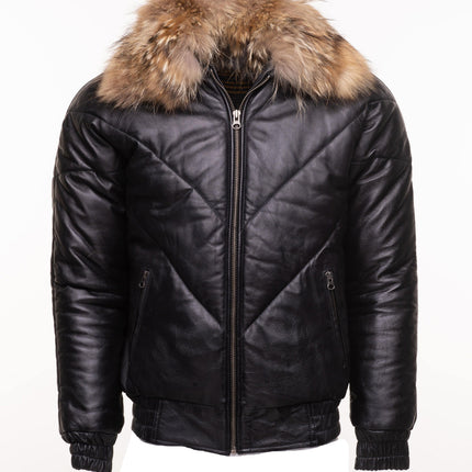 Handmade  Black V-Bomber Style Puffer Winter Leather Jacket With Fur Collar