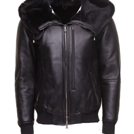 Handmade  Gregos Varsity Style Sheepskin Shearling Jacket With Large Hoodie