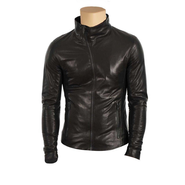 Handmade Black Leather Jacket With High Neck Pullover