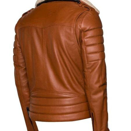 Handmade Woodwards English Tan Biker Jacket With Fur Collar