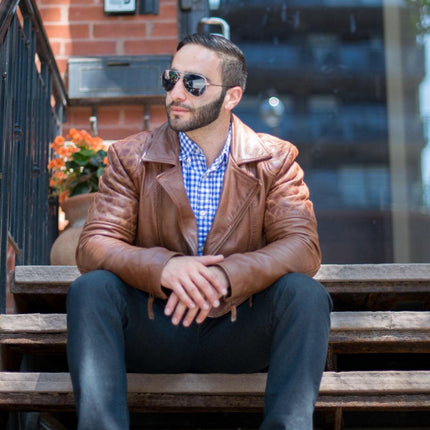 Handmade Distressed Cognac Biker Leather Jacket