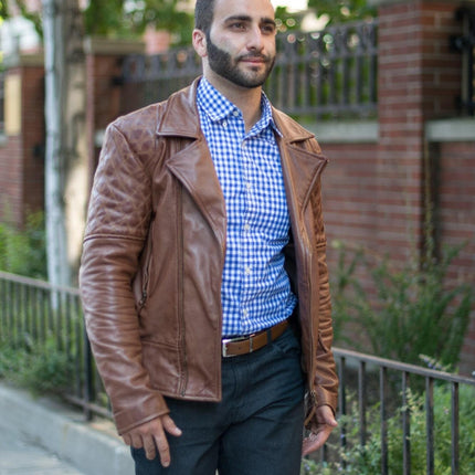 Handmade Distressed Cognac Biker Leather Jacket