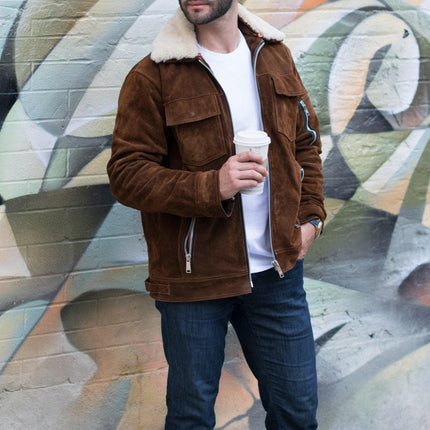 Handmade  Suede Bomber Leather Jacket With Fur Collar