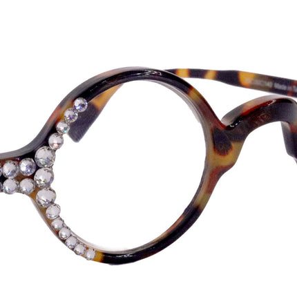 Picasso, (Bling) Women Reading Glasses W Clear Genuine European Crystals, Round  (Brown) Tortoiseshell. NY Fifth Avenue