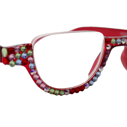 Half Moon, (Bling) Woman Reading Glasses Adorned W Genuine European Crystals, Reader Magnifying,   (Red) NY Fifth Avenue.