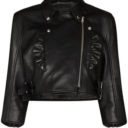 Handmade Ruffle-Detail Cropped Leather Jacket