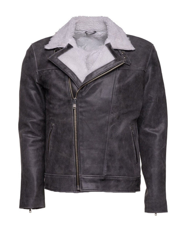 Handmade Vintage Grey Biker Leather Jacket With Sherpa Lining