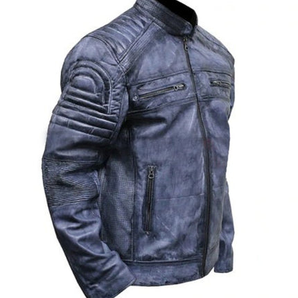 Handmade Distressed Blue Cafe Racer Biker Jacket