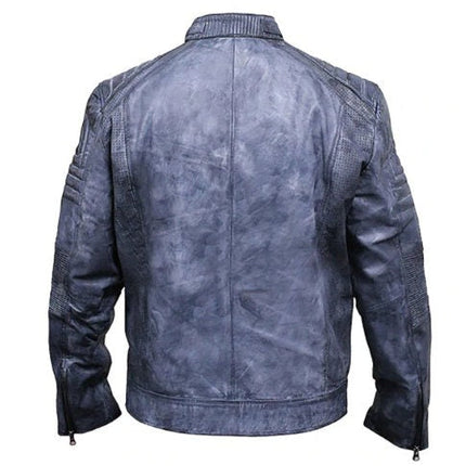 Handmade Distressed Blue Cafe Racer Biker Jacket