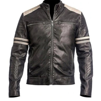 Handmade Cafe Racer Retro Hybrid Mayhem Motorcycle White Stripes Black Biker Leather Jacket