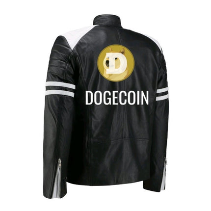 Handmade  Dogecoin Bomber Leather Jacket White Stripes