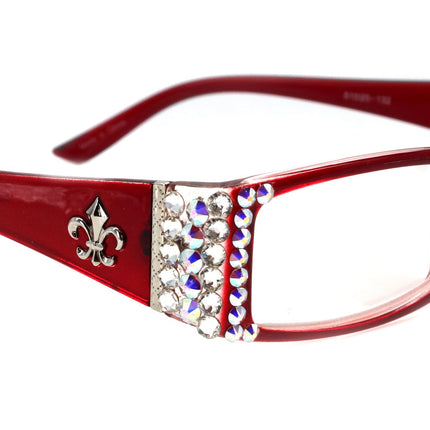 The French, (Bling) (Fleur De Lis) Women Reading Glasses W Genuine European Crystals (Aurora Borealis, Clear)  (Red) Frame, NY Fifth Avenue