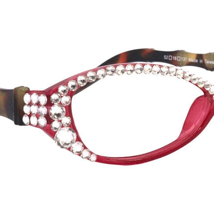 Lucky, Bling Reading Glasses, High End Readers +1.25 +1.50 +1.75 .. +3 Cat Eye. Bamboo Temple. (Red) Optical Frames NY Fifth Avenue.