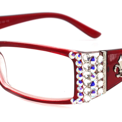 The French, (Bling) (Fleur De Lis) Women Reading Glasses W Genuine European Crystals (Aurora Borealis, Clear)  (Red) Frame, NY Fifth Avenue