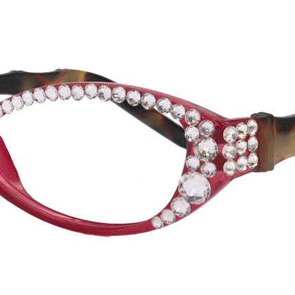 Lucky, Bling Reading Glasses, High End Readers +1.25 +1.50 +1.75 .. +3 Cat Eye. Bamboo Temple. (Red) Optical Frames NY Fifth Avenue.