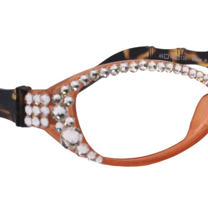 Lucky, Bling Reading Glasses, High End Readers +1.25 +1.50 +1.75 .. +3 Cat Eye. Bamboo Temple. (Orange) Optical Frames NY Fifth Avenue.