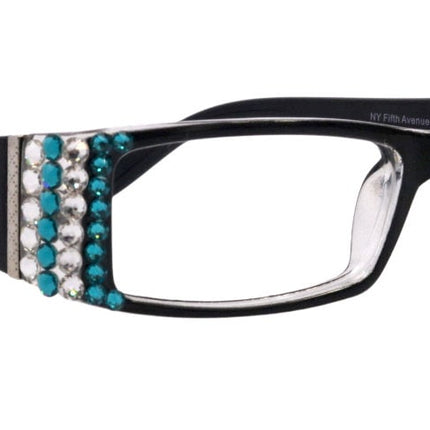 The French, (Bling) (Fleur De Lis) Women Reading Glasses W Genuine European Crystals (Turquoise, Clear) (Black) Frame, NY Fifth Avenue