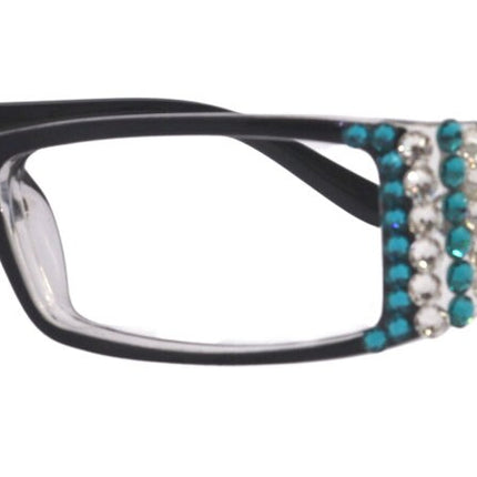 The French, (Bling) (Fleur De Lis) Women Reading Glasses W Genuine European Crystals (Turquoise, Clear) (Black) Frame, NY Fifth Avenue