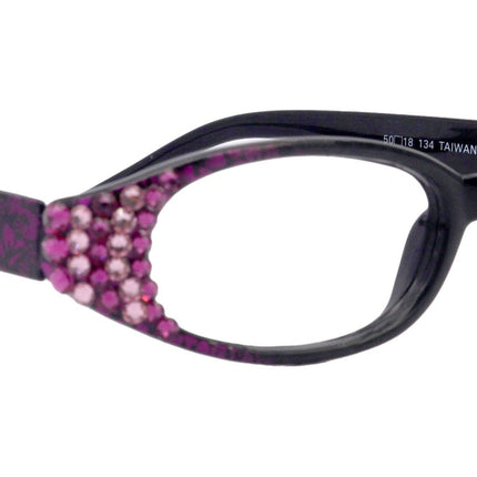 Isabella, (Bling) Reading Glasses Women W (Fuchsia, Pink) Genuine European Crystals  (Purple Floral Print)  NY Fifth Avenue (Wide Frame)
