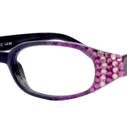 Isabella, (Bling) Reading Glasses Women W (Fuchsia, Pink) Genuine European Crystals  (Purple Floral Print)  NY Fifth Avenue (Wide Frame)
