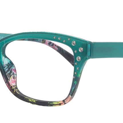 Miriam (Premium) Reading Glasses, High End Readers, Magnifying Glasses (Square) Women Rhinestone bling (Teal Blue) NY Fifth Avenue