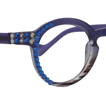 Orlando Bling Reading Glasses, W Capri Blue N Black Diamond  European crystals, Magnifying Eyeglasses, (Blue) (Round) NY Fifth Avenue
