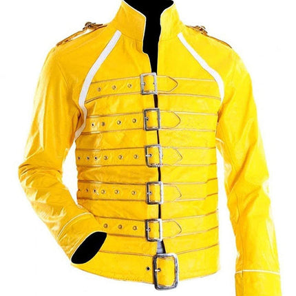 Handmade Freddie Mercury Wembley Stadium Yellow Cross belted Jacket | Queen Jacket | Freddie Jacket | Biker Jacket | Vegan Leather Jacket