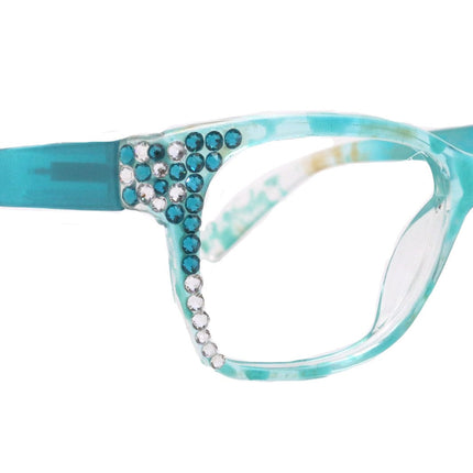 Azul, (Bling) Reading Glasses 4 Women W (Aquamarine N Clear)Genuine European Crystals. +1.5..+3  NY Fifth Avenue (Wide frame)