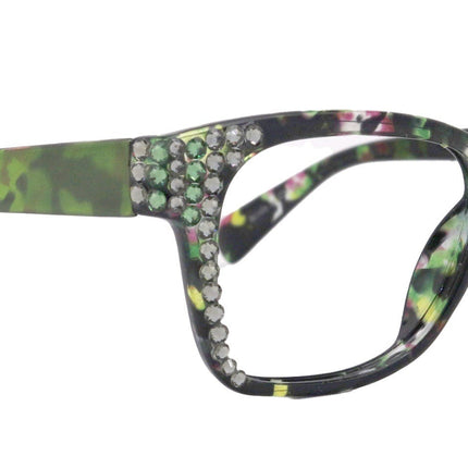 Azul, (Bling) Reading Glasses 4 Women W (Black Diamond N Green)Genuine European Crystals. +1.5..+5  NY Fifth Avenue (Wide frame)