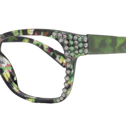Azul, (Bling) Reading Glasses 4 Women W (Black Diamond N Green)Genuine European Crystals. +1.5..+5  NY Fifth Avenue (Wide frame)