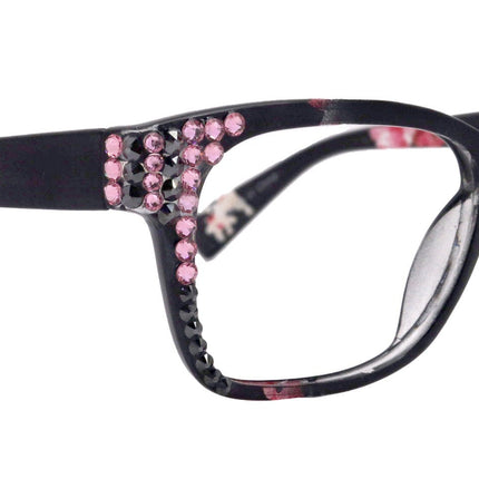 Azul, (Bling) Reading Glasses 4 Women W (Hematite N Rose)Genuine European Crystals. +1.5..+5  NY Fifth Avenue (Wide frame)
