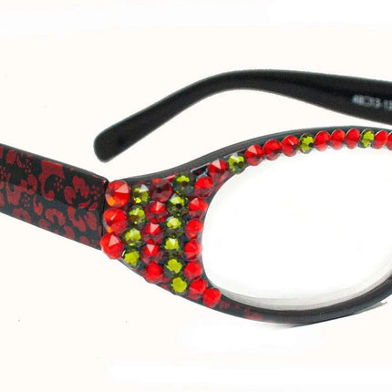 Isabella, (Bling) Reading Glasses Women W (Full Top) (L. Siam, Olivine Green) Genuine European Crystals (Red) NY Fifth Avenue (Wide Frame)
