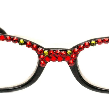 Isabella, (Bling) Reading Glasses Women W (Full Top) (L. Siam, Olivine Green) Genuine European Crystals (Red) NY Fifth Avenue (Wide Frame)