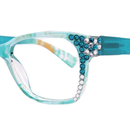 Azul, (Bling) Reading Glasses 4 Women W (Aquamarine N Clear)Genuine European Crystals. +1.5..+3  NY Fifth Avenue (Wide frame)