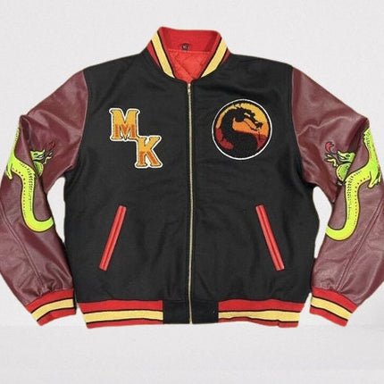Handmade Custom made Mortal Kombat Varsity Jacket with Brown Sleeves