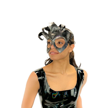 Handmade Genuine Leather Five Point Jester Mask in cosmic silver and Black No Bells