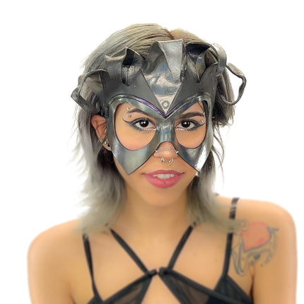 Handmade Genuine Leather Five Point Jester Mask in cosmic silver and Black No Bells
