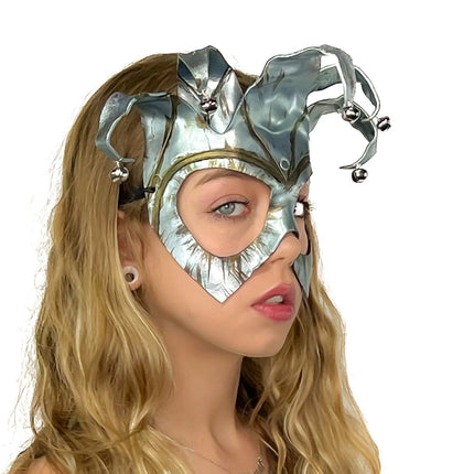 Handmade Genuine Leather Five Point Jester Mask in Patina Silver