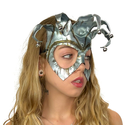 Handmade Genuine Leather Five Point Jester Mask in Patina Silver