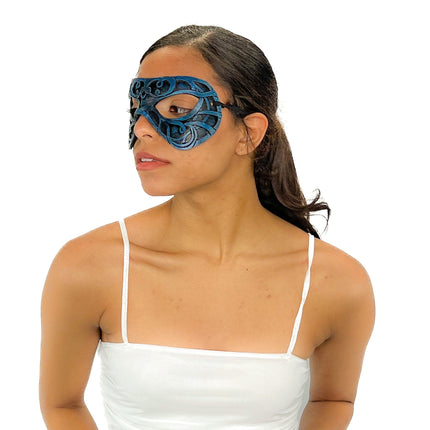 Dual Layer Ornate Masquerade Handmade Genuine Leather Eye Mask in Blue and Black