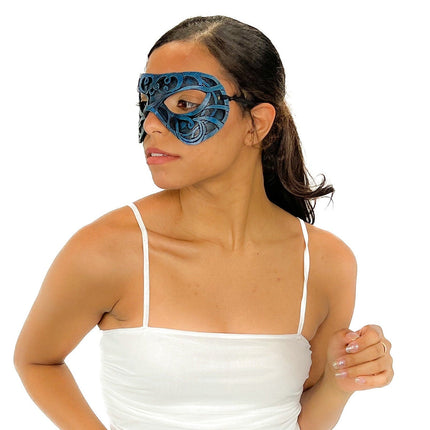 Dual Layer Ornate Masquerade Handmade Genuine Leather Eye Mask in Blue and Black